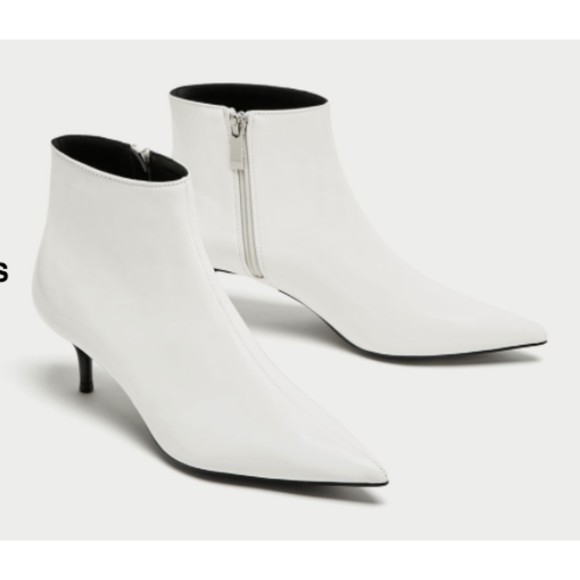 Zara Shoes Zara White Faux Patent Leather Kitten Heel Bootie Poshmark